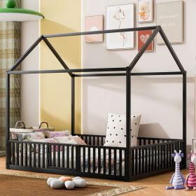 Full Size Metal House Bed With Fence And Door, Black