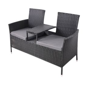 Outdoor Loveseat, 2 Seat Loveseat With Cushions And Built-in Coffee Table, Bench For Balcony Furniture Sets Non-removable Back Without Glass
