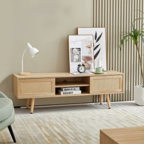 55.12  Rattan TV Cabinet With Sliding Doors  Adjustable Shelf   Solid Wood Legs