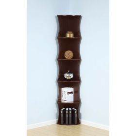 Five shelf corner bookcase rounded shelf fronts quarter circle red cocoa color