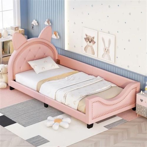 Twin Size Upholstered Daybed with Carton Ears Shaped Headboard, Pink Twin Size Upholstered Daybed with Carton Ears Shaped Headboard, Pink