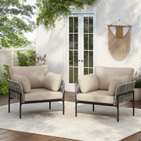 Set Of 2 36 Beige Iron Lounge Chair With Rope Weave Design And Plush Cushions, Perfect For Indoor And Outdoor Relaxation