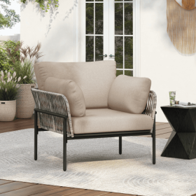 36 Beige Iron Lounge Chair With Rope Weave Design And Plush Cushions, Perfect For Indoor And Outdoor Relaxation