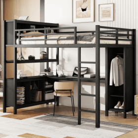 Metal Loft Bed With Wardrobe And L-shaped Desk, Full Size Loft Bed With Storage Cubes And Shelves, Heavy Duty Loft Bed For Kids Teens Adults (Color: Black)